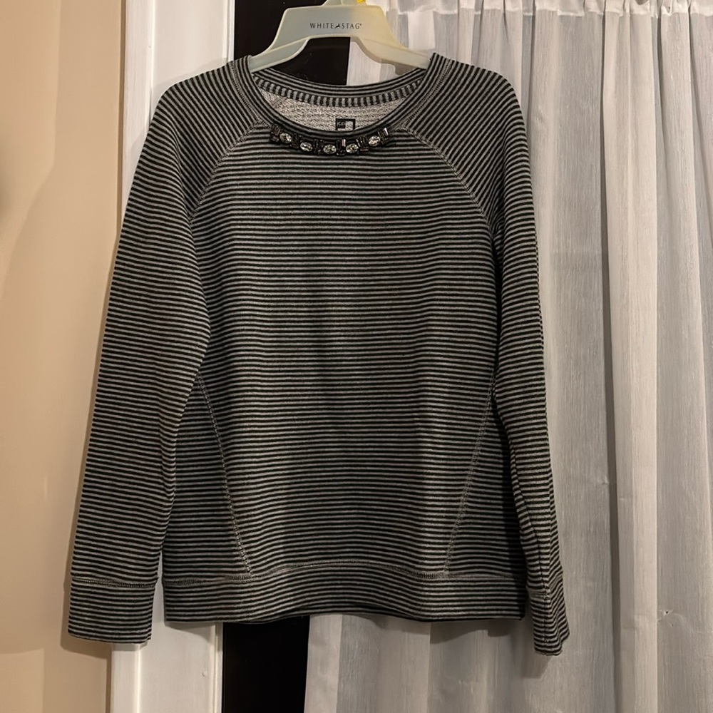 JCP, Like new, ladies long sleeve casual top with crystal gem accents at neck. S